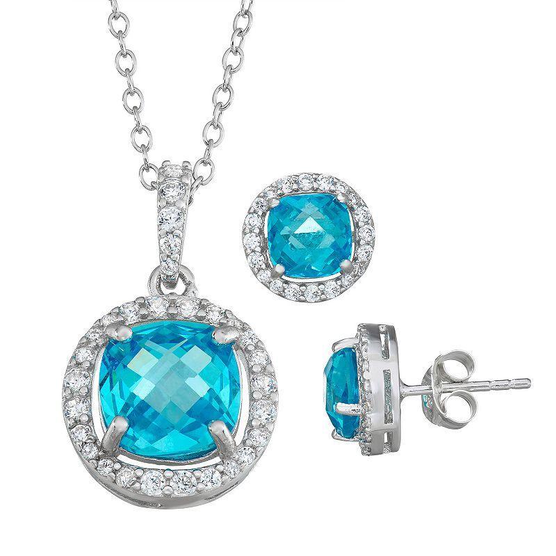 Sterling Silver Blue Topaz & Cubic Zirconia Pendant & Stud Earring Set, Womens Product Image