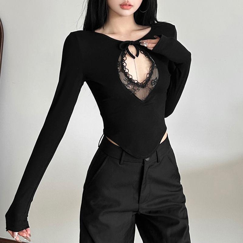 Long Sleeve Plain Lace Panel Cut-Out Slim-Fit Top Product Image