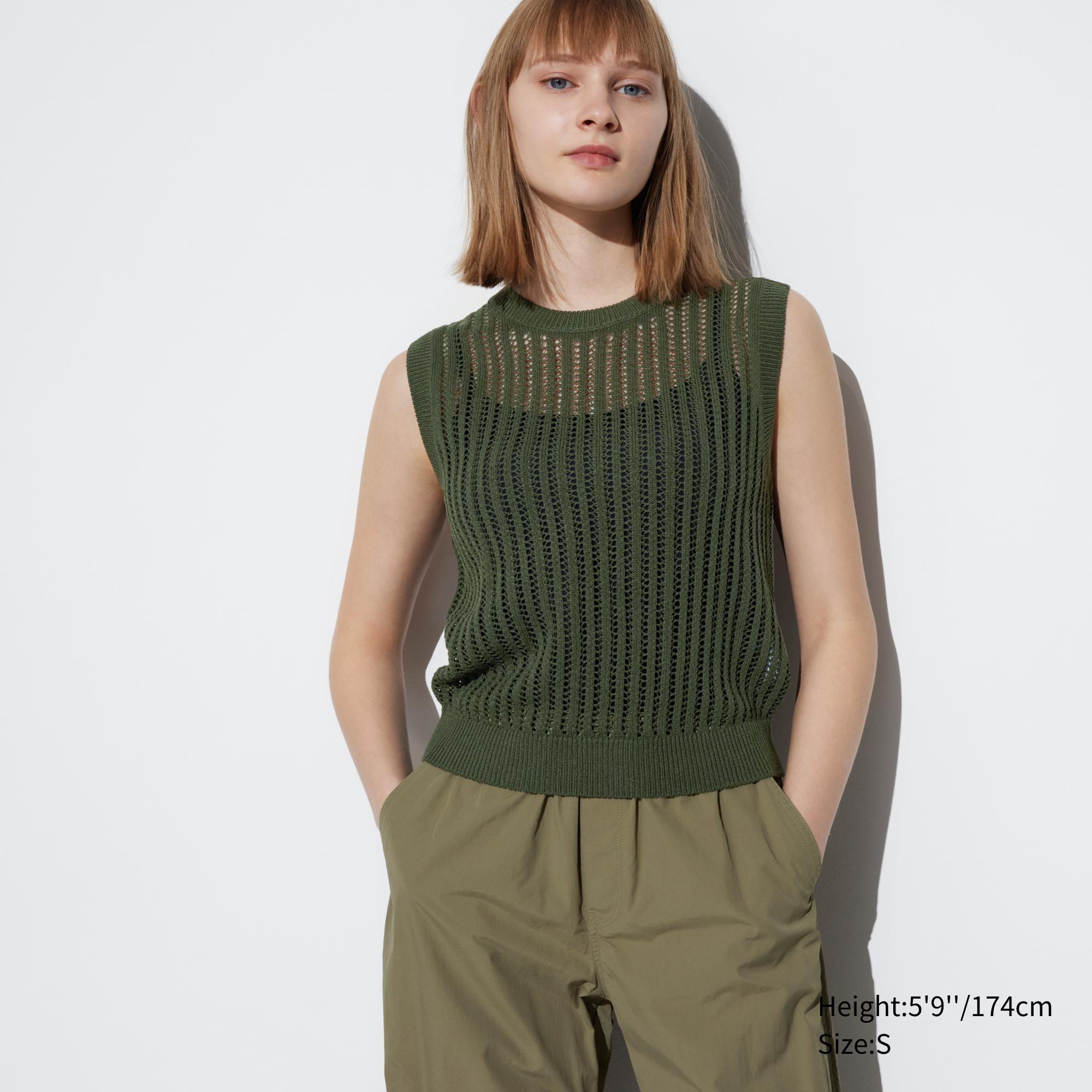 Womens Mesh Crew Neck Sleeveless Short Sweater Olive XS UNIQLO US Product Image