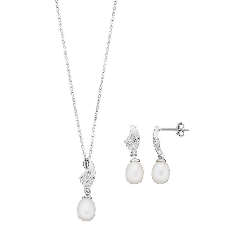 Sterling Silver Freshwater Cultured Pearl & Cubic Zirconia Pendant & Drop Earring Set, Womens White Product Image