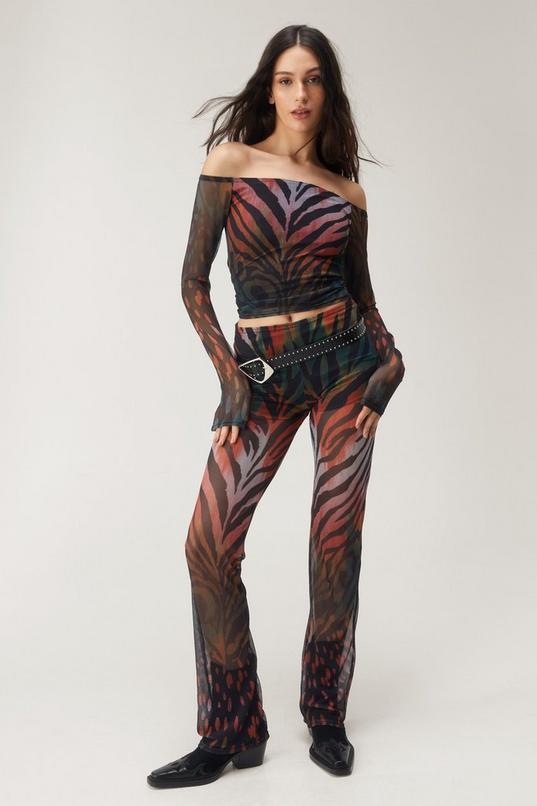 Zebra Printed Mesh Flare Pants Product Image