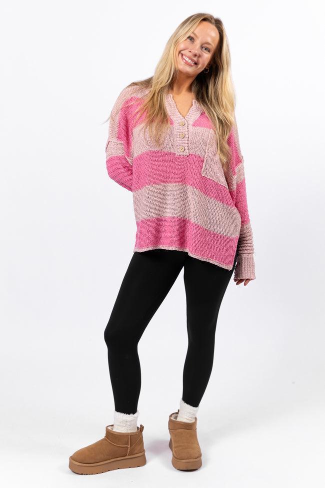 Know You Best Pink Oversized Striped Henley Sweater Product Image