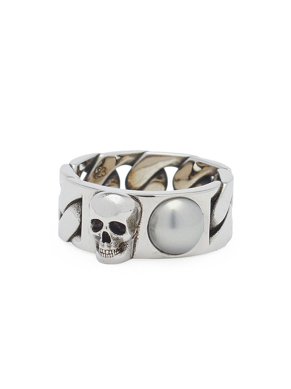 Mens Pearl And Skull Chain Ring in Antique Silver Product Image