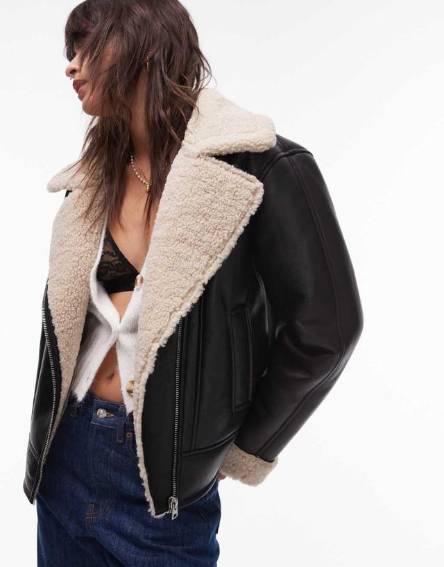 Topshop shearling aviator jacket in black and cream Product Image