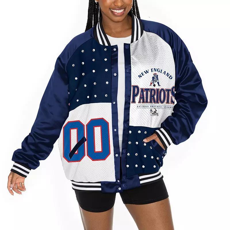 Womens Gameday Couture /White New England Patriots Oversized Hot Shot Rhinestone Throwback Full-Snap Varsity Bomber Jacket Blue Product Image