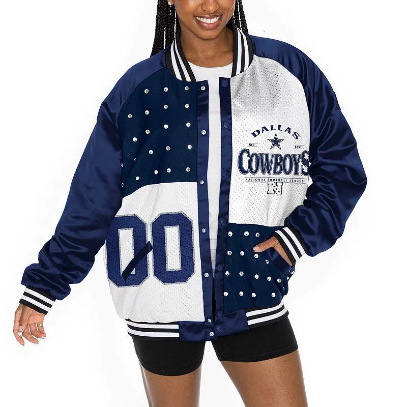 Womens Gameday Couture /White Dallas Cowboys Oversized Hot Shot Rhinestone Throwback Full-Snap Varsity Bomber Jacket Blue Product Image