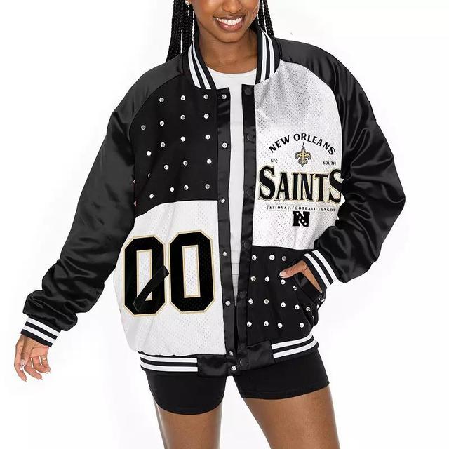 Womens Gameday Couture /White New Orleans Saints Oversized Hot Shot Rhinestone Throwback Full-Snap Varsity Bomber Jacket Product Image