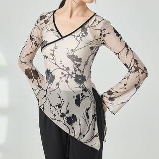 Long-Sleeve Floral Asymmetrical Dance Top Product Image