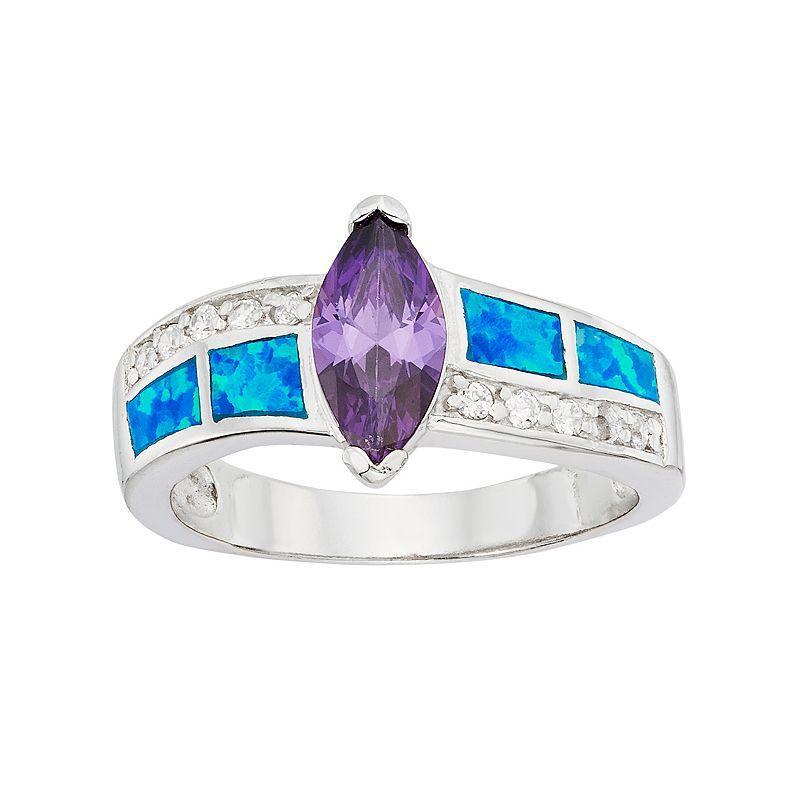 Cubic Zirconia & Lab-Created Blue Opal Sterling Silver Marquise Ring, Womens Multicolor Product Image