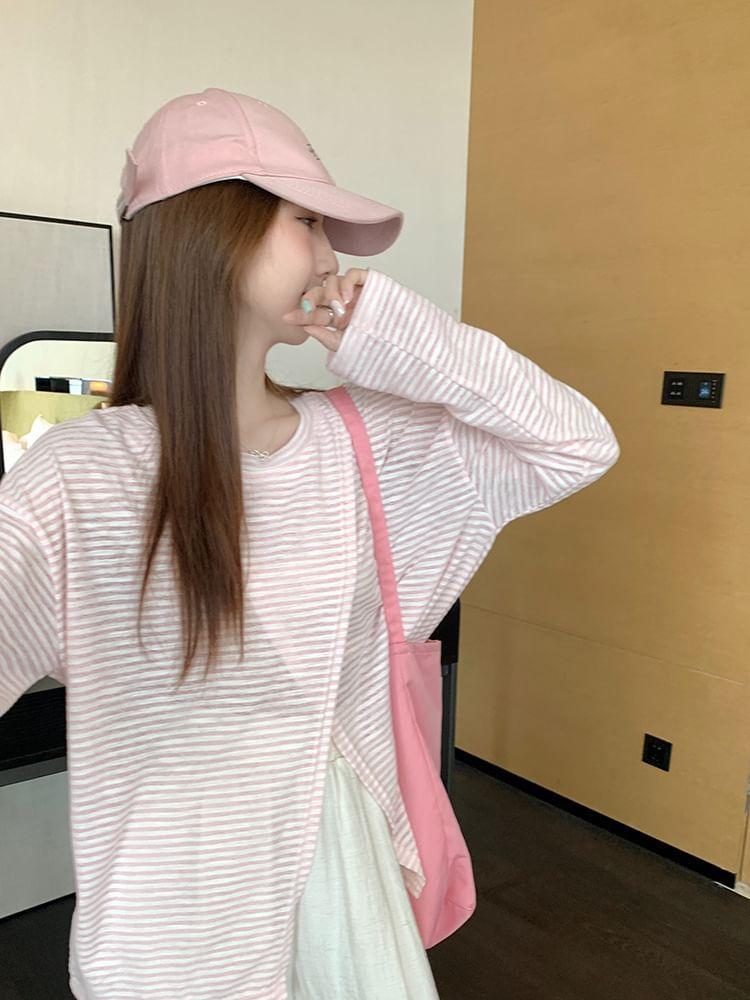 Long-Sleeve Round Neck Striped Slit T-Shirt Product Image