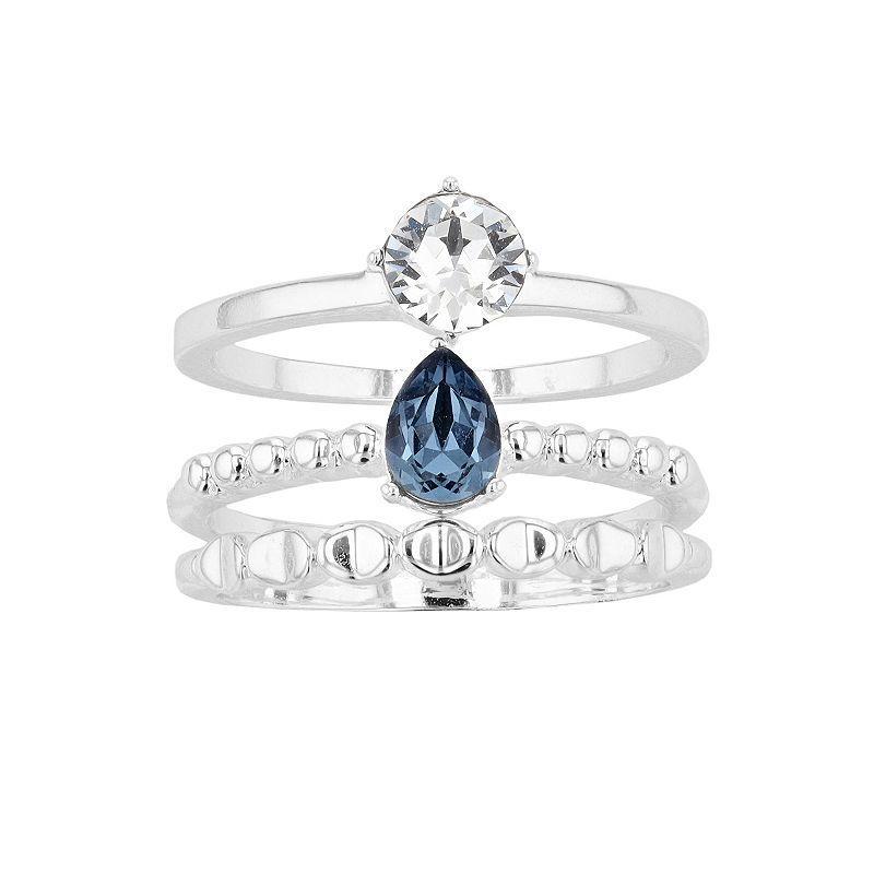 Brilliance Silver Tone Blue Pear & Clear Crystal Ring Set, Womens Product Image