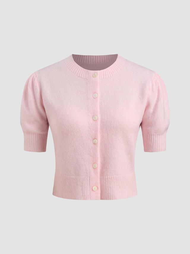 Wool-blend Round Neckline Solid Button Knitted Short Sleeve Crop Top Product Image