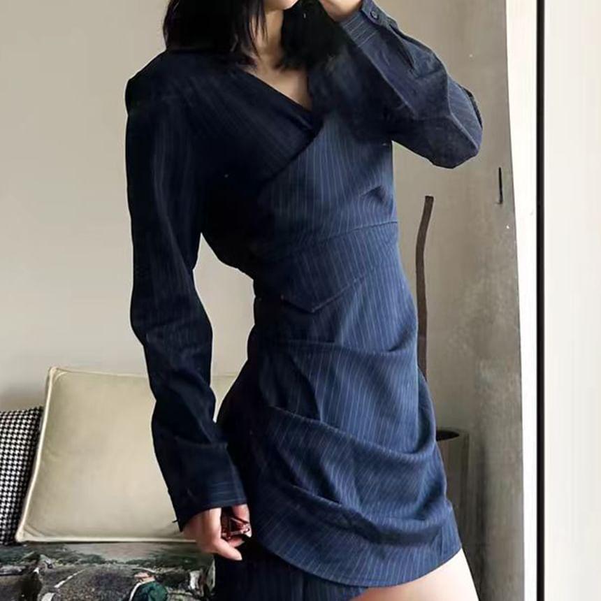 Long-Sleeve V-Neck Striped Ruched Asymmetrical Mini Shirt Dress Product Image