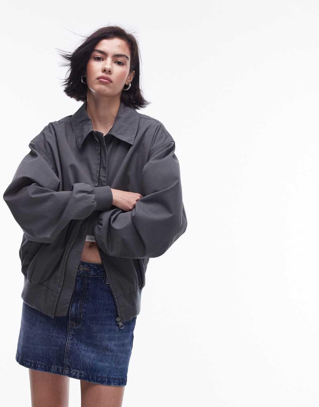 Topshop oversized washed cotton bomber jacket in charcoal Product Image