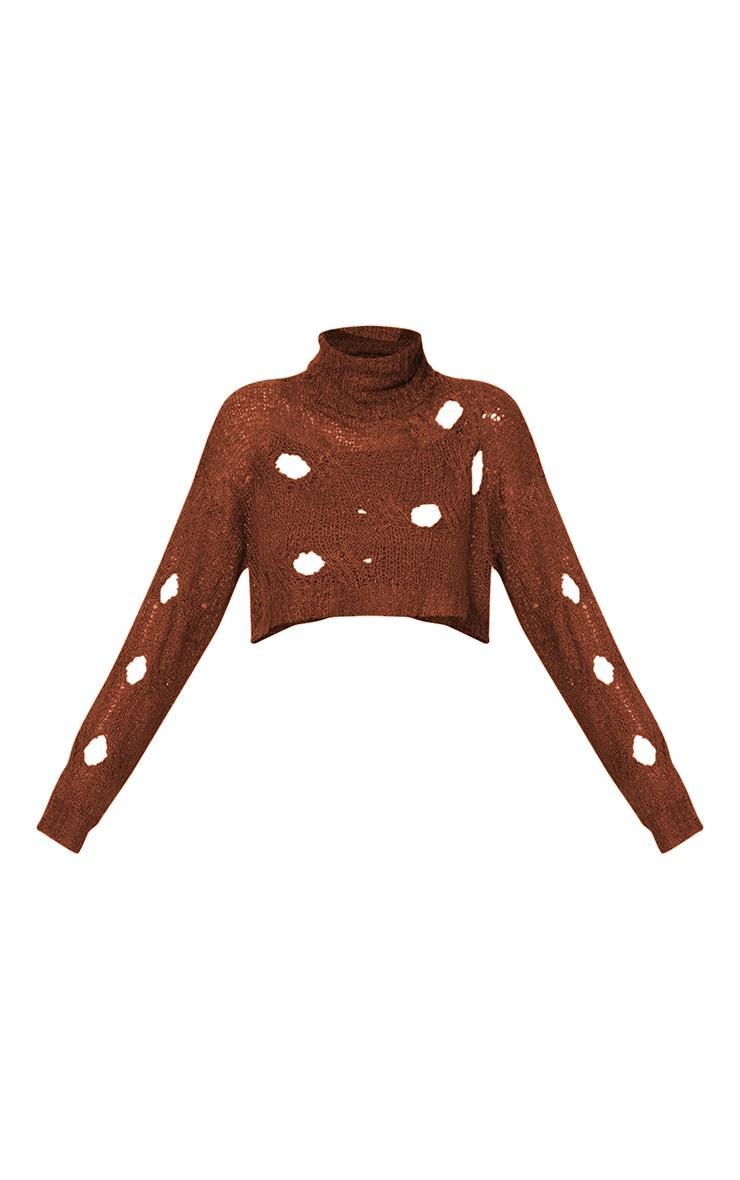 Brown Cut Out High Neck Knitted Crop Top Product Image