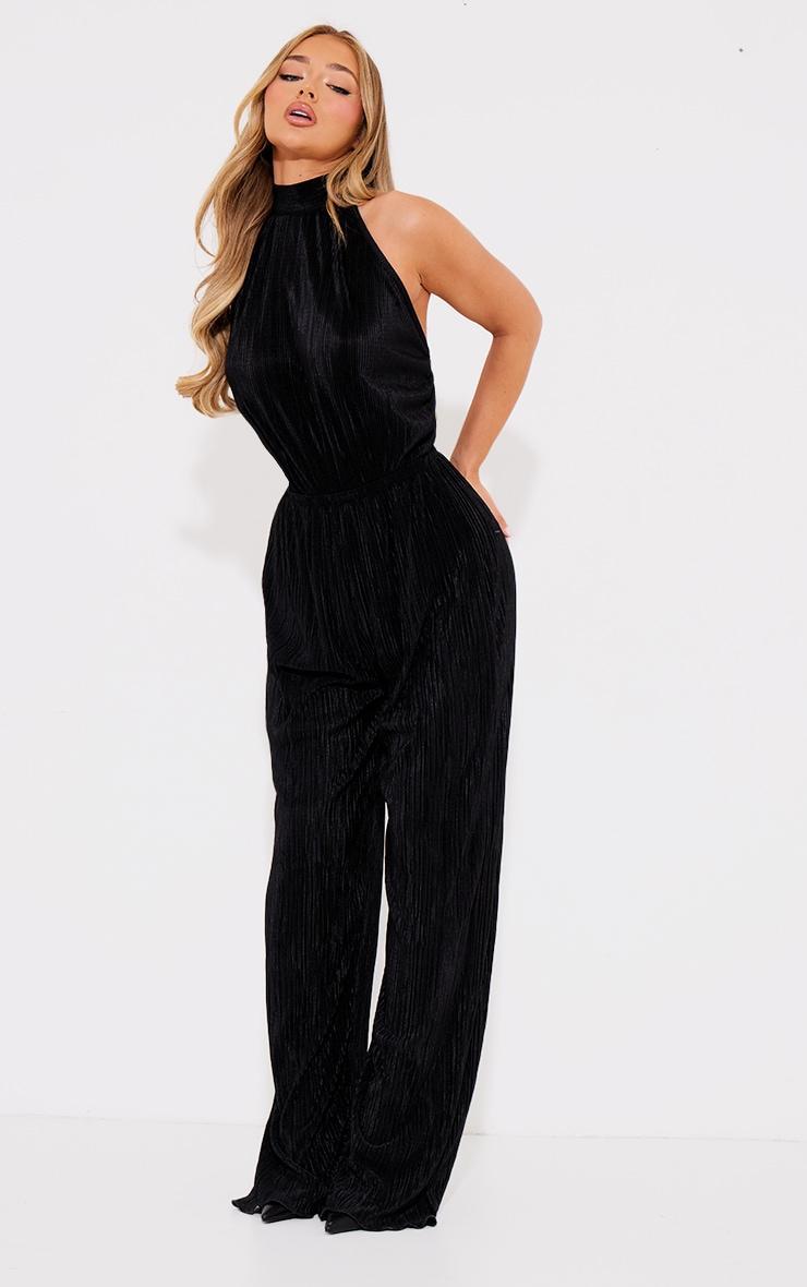 Black Plisse High Neck Scoop Back Wide Leg Jumpsuit Product Image