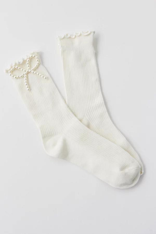 Pearl Bow Ribbed Sock Womens at Urban Outfitters Product Image