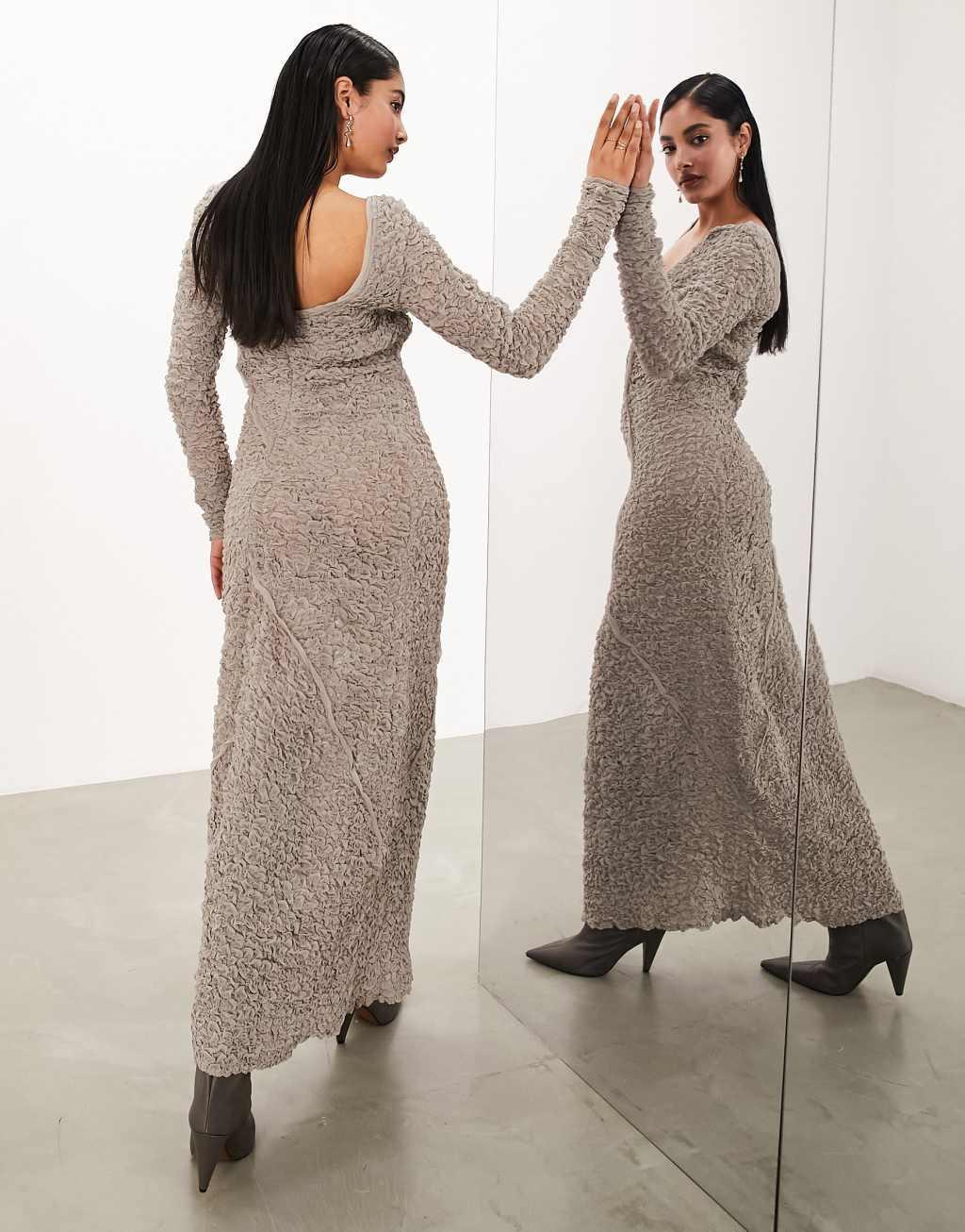 ASOS EDITION textured crinkle scoop neck maxi dress with seam detail in oatmeal Product Image