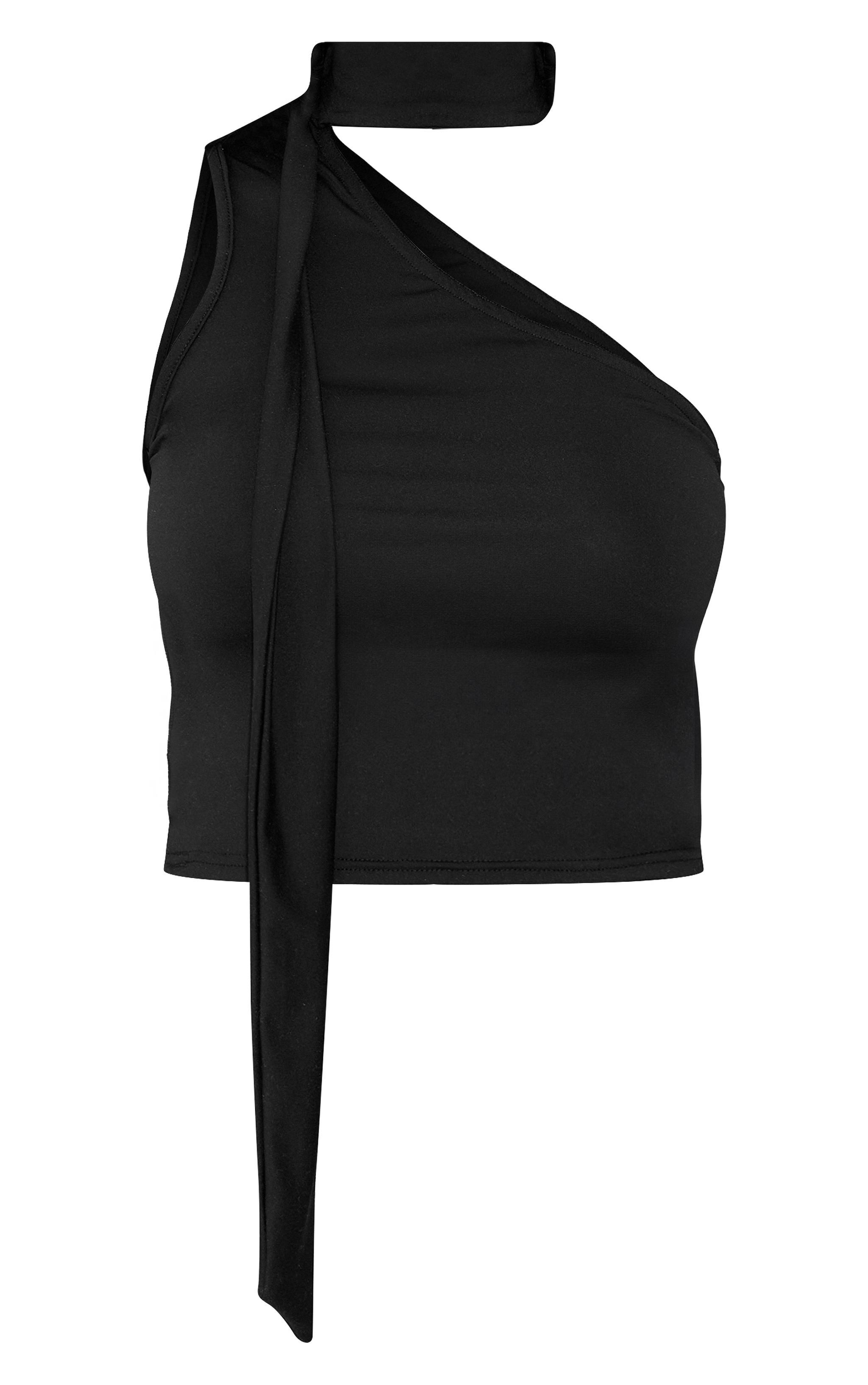 Petite Black One Shoulder Tie Neck Detail Top Product Image