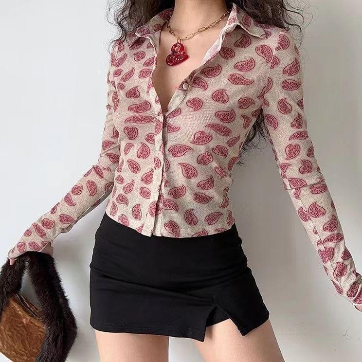 Long-Sleeve Collared Patterned Print Button Top Product Image