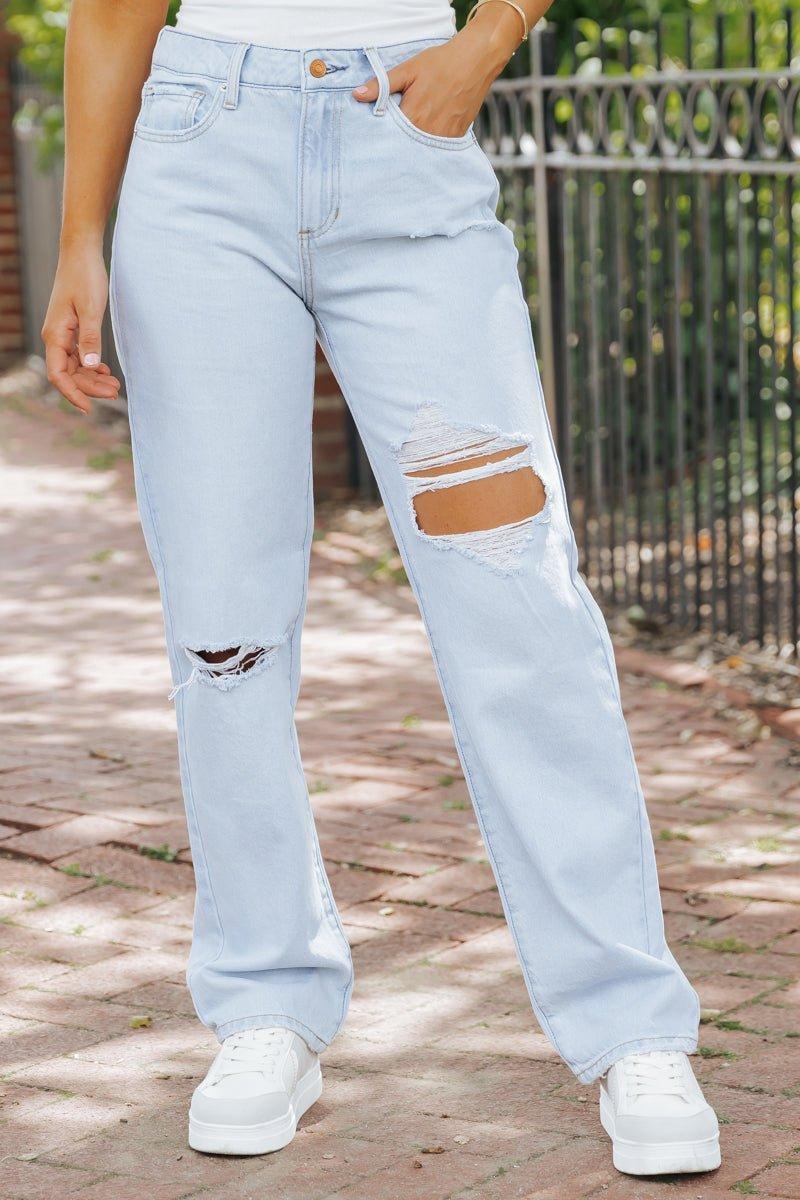 Light Wash Distressed Straight Leg Jeans product image