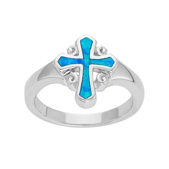 Lab-Created Blue Opal Sterling Silver Cross Ring, Womens Product Image