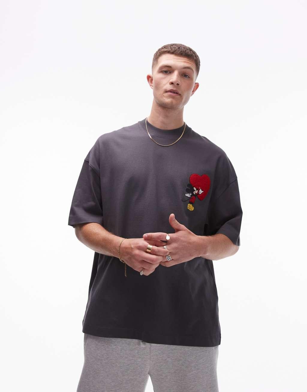 Topman Disney premium extreme oversized fit t-shirt with Mickey heart embroidery patch in charcoal Product Image