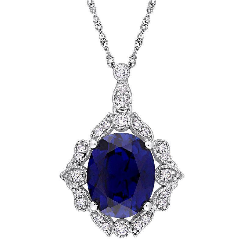 Stella Grace 10k White Gold 1/6 Carat T.W. Diamond & Lab-Created Sapphire Halo Pendant Necklace, Womens Product Image