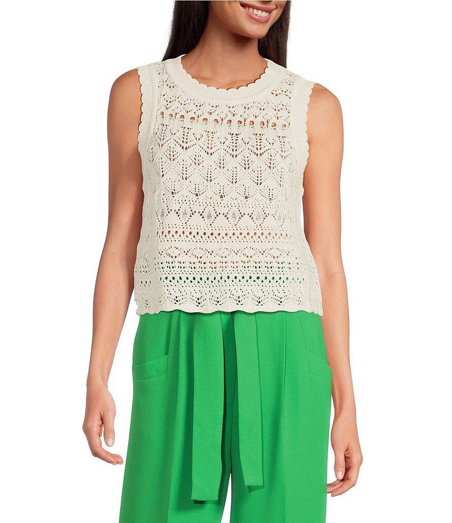 Tara Jarmon Pianna Crochet Knit Crew Neck Sleeveless Scalloped Tank Top Product Image