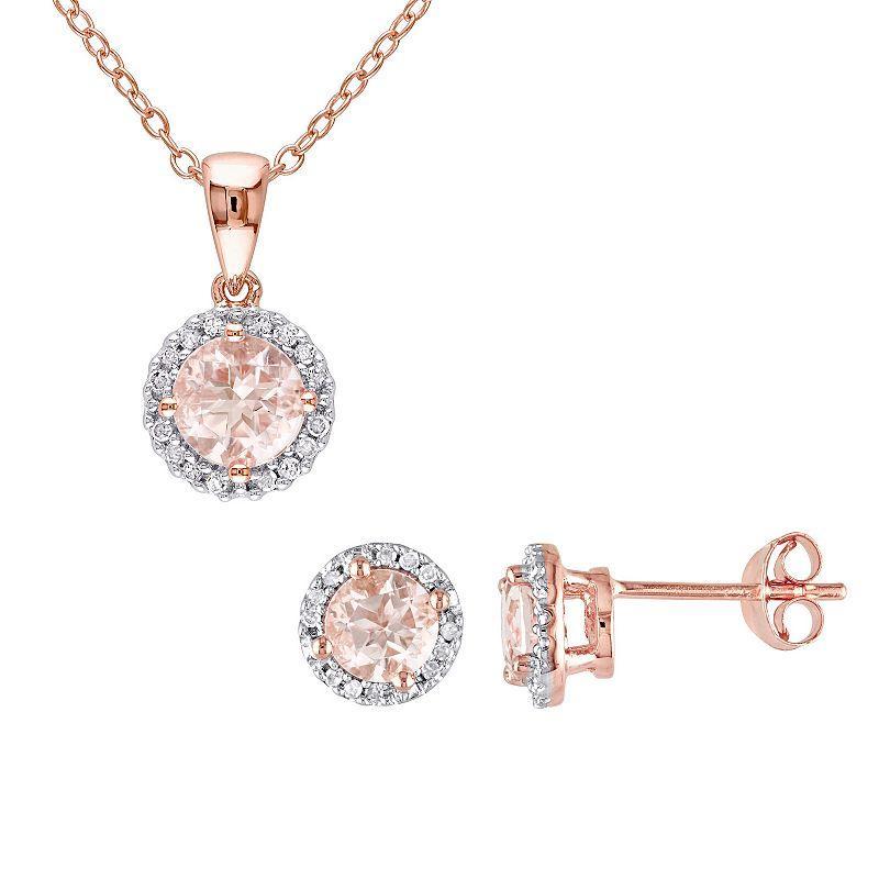 Stella Grace 18k Rose Gold Over Silver 1/6 Carat T.W Diamond & Morganite Earring & Pendant Necklace Set, Womens 18k Pink Plated Product Image