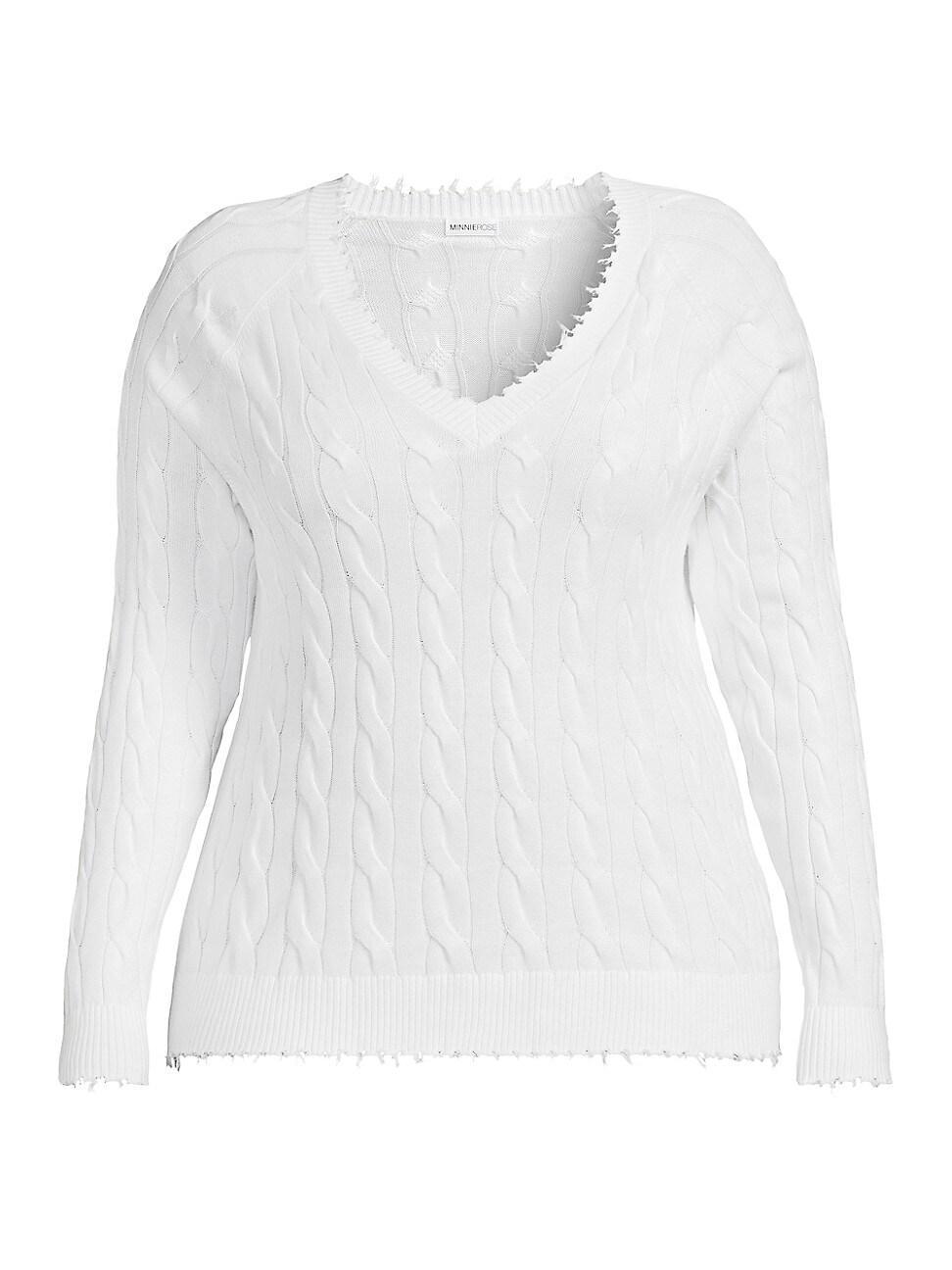 Womens Frayed Cable-Knit V-Neck Sweater Product Image