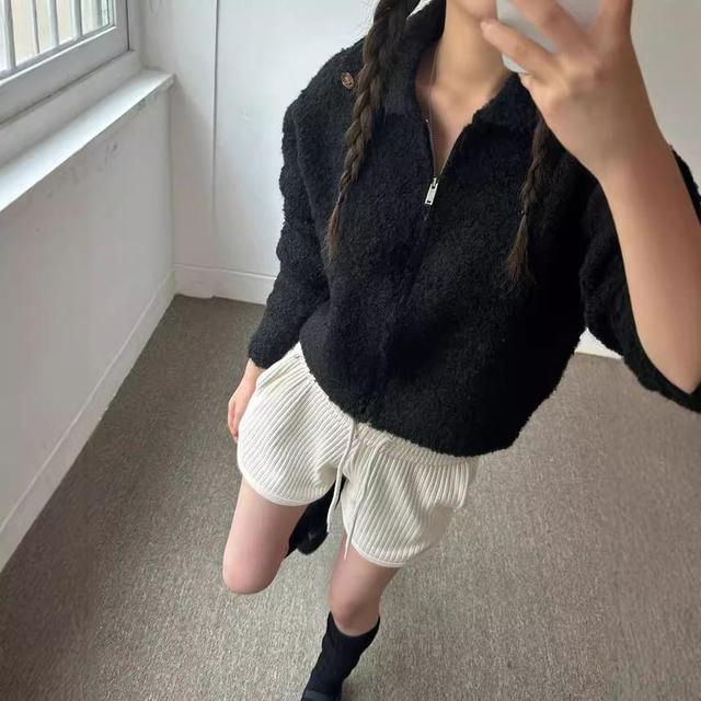 Collared Plain Fluffy Zip Up Crop Cardigan Product Image