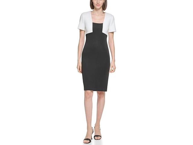 Calvin Klein Color-Block Scuba Sheath with Square Neckline Cream) Women's Dress Product Image