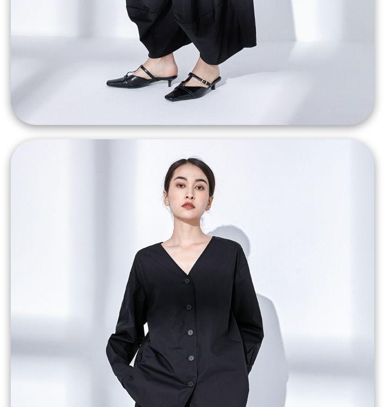 Long-Sleeve V-Neck Plain Button-Up Blouse Product Image