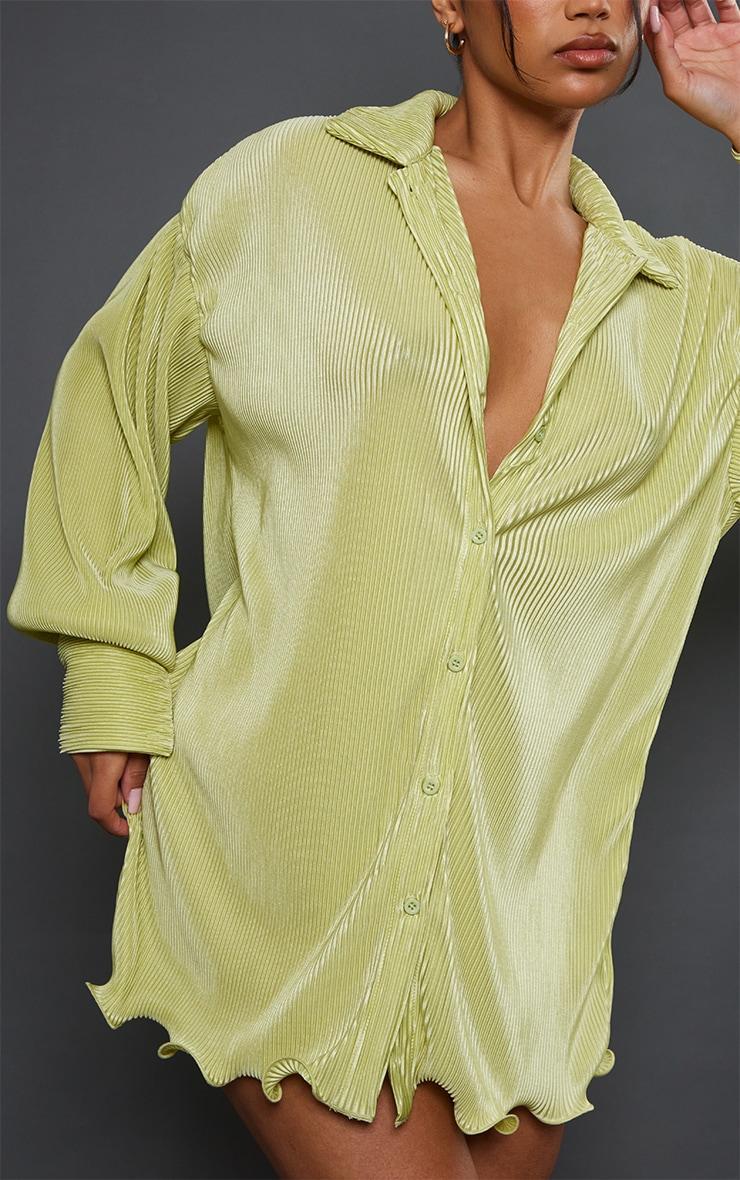 Lime Plisse Frill Hem Shirt Dress Product Image