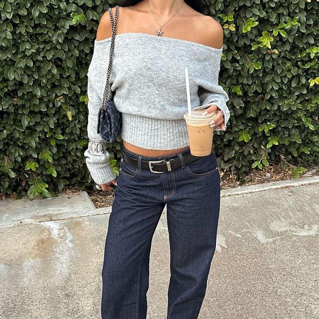 Long-Sleeve Off Shoulder Plain Crop Knit Top Product Image