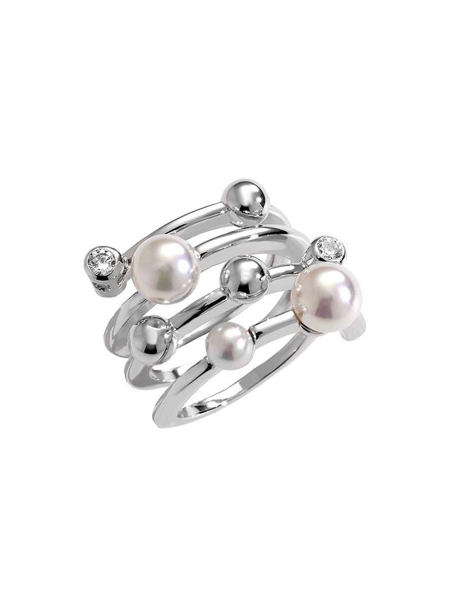 Womens Planet Rhodium-Plated Silver, Cubic Zirconia & Faux White Pearl Spiral Ring Product Image