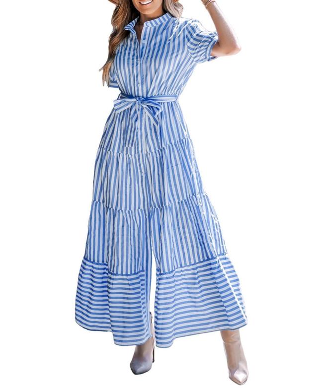 Cupshe Womens Blue Striped Puff Sleeve Front Button Maxi Beach Dress Product Image