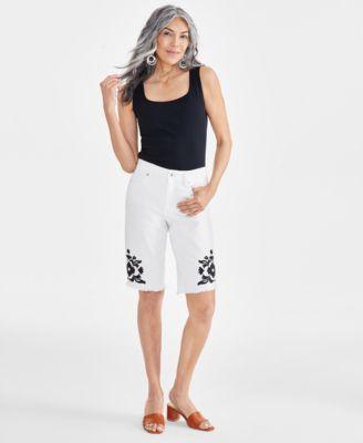 Petite Mid Rise Embroidered Raw Edge Denim Shorts, Created for Macy's  Product Image