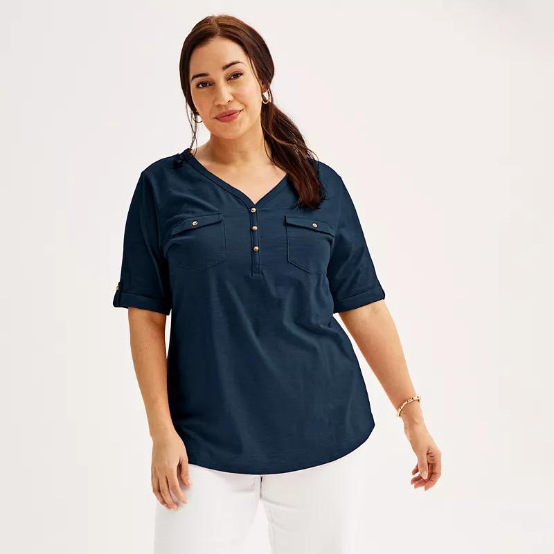 Plus Croft & Barrow Elbow Sleeve Utility Henley Top, Womens Seattle Blue Product Image