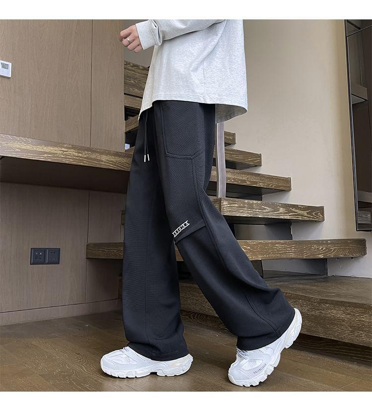 Drawstring Waist Lettering Embroidered Straight Leg Cargo Pants Product Image