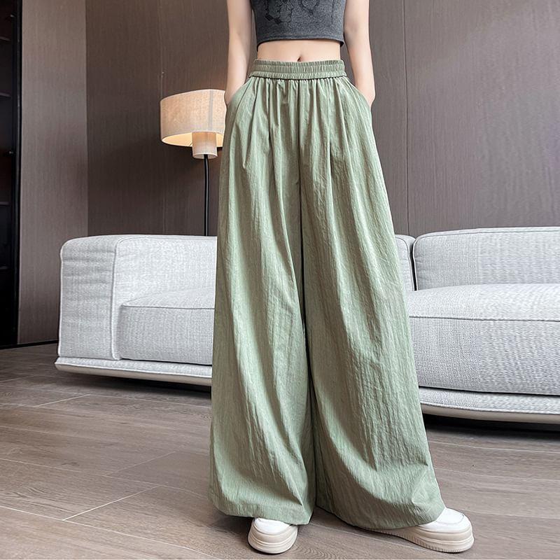 Elastic Waist Plain Ruched Wide Leg Pants Product Image