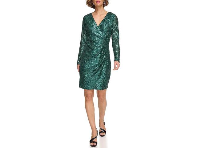 DKNY Sequin Side Ruched Dress (Emerald) Women's Clothing Product Image