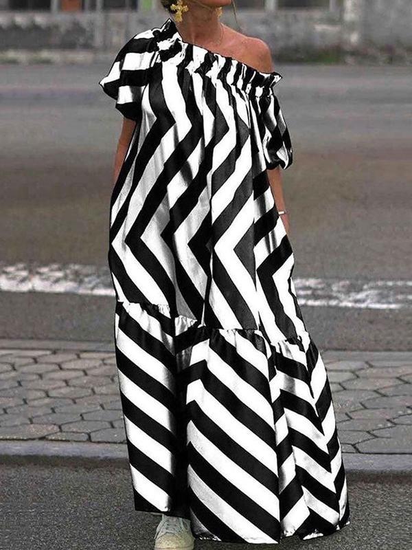 A-Line Loose Asymmetric Contrast Color Elasticity Pleated Pockets Split-Joint Striped One-Shoulder Maxi Dresses product image