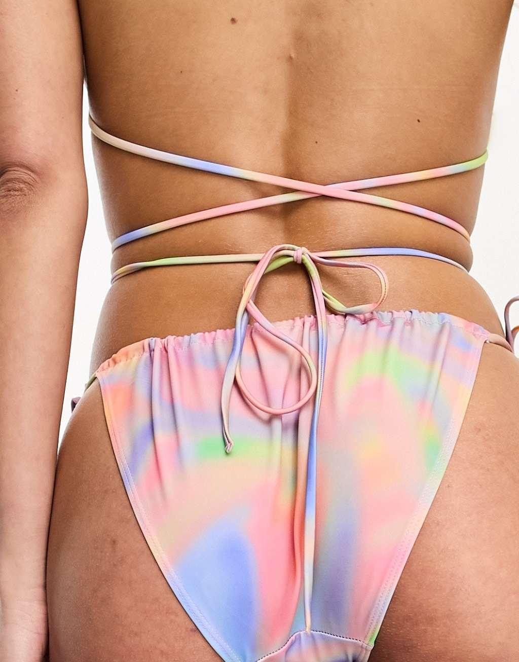 Monki swirl print bikini bottom with front pearls in pink multi - part of a set Product Image