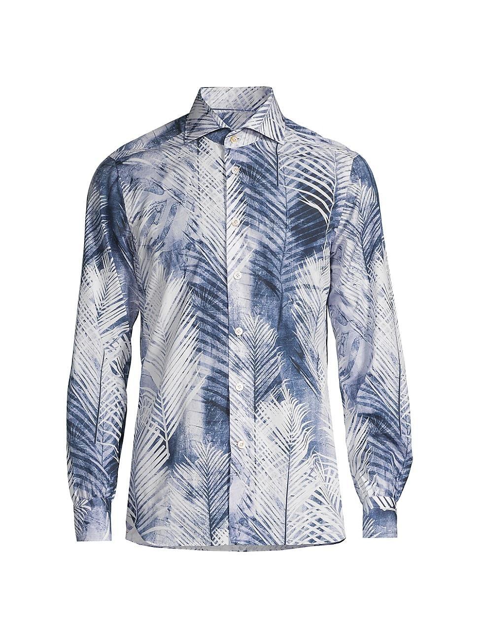 Mens Palm Tree Print Button-Up Shirt - Blue - Size 17.5 Product Image