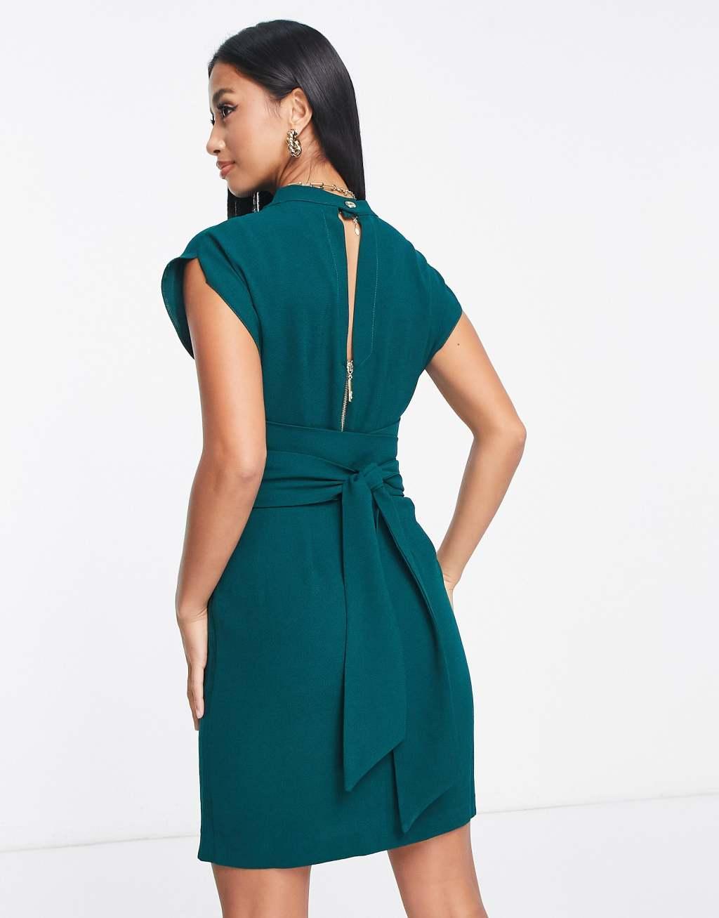 Closet London Petite belted tie waist mini dress in emerald green Product Image