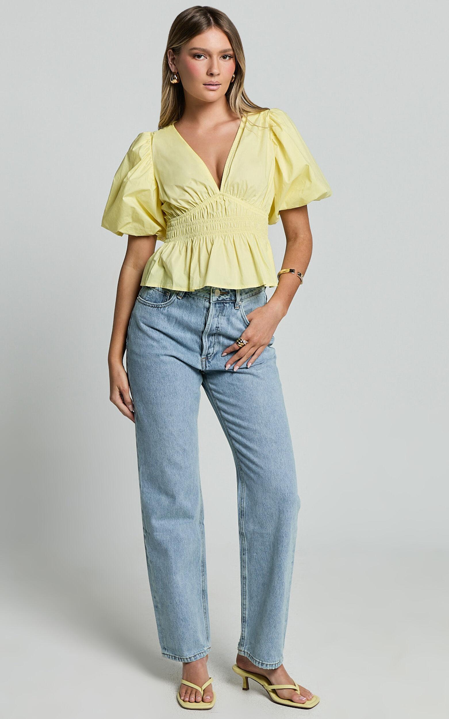 Mellie Top - Puff Sleeve Peplum Top in Yellow Product Image