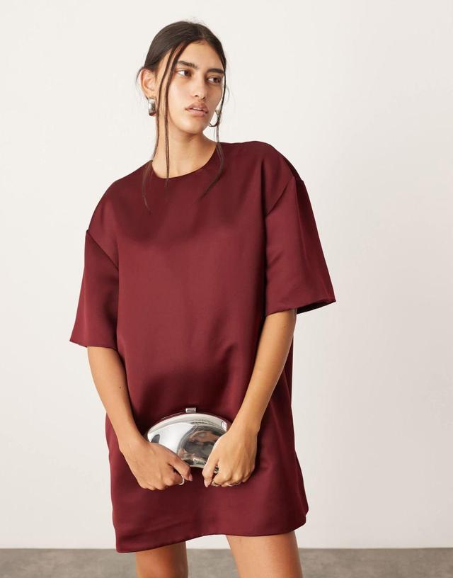 ASOS EDITION satin structured boxy T-shirt mini dress with pockets in burgundy Product Image