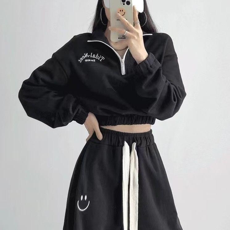 Set: Collar Lettering Embroidered Half-Zip Cropped Sweatshirt + Drawstring Waist Smiley Face Loose Fit Sweatpants Product Image